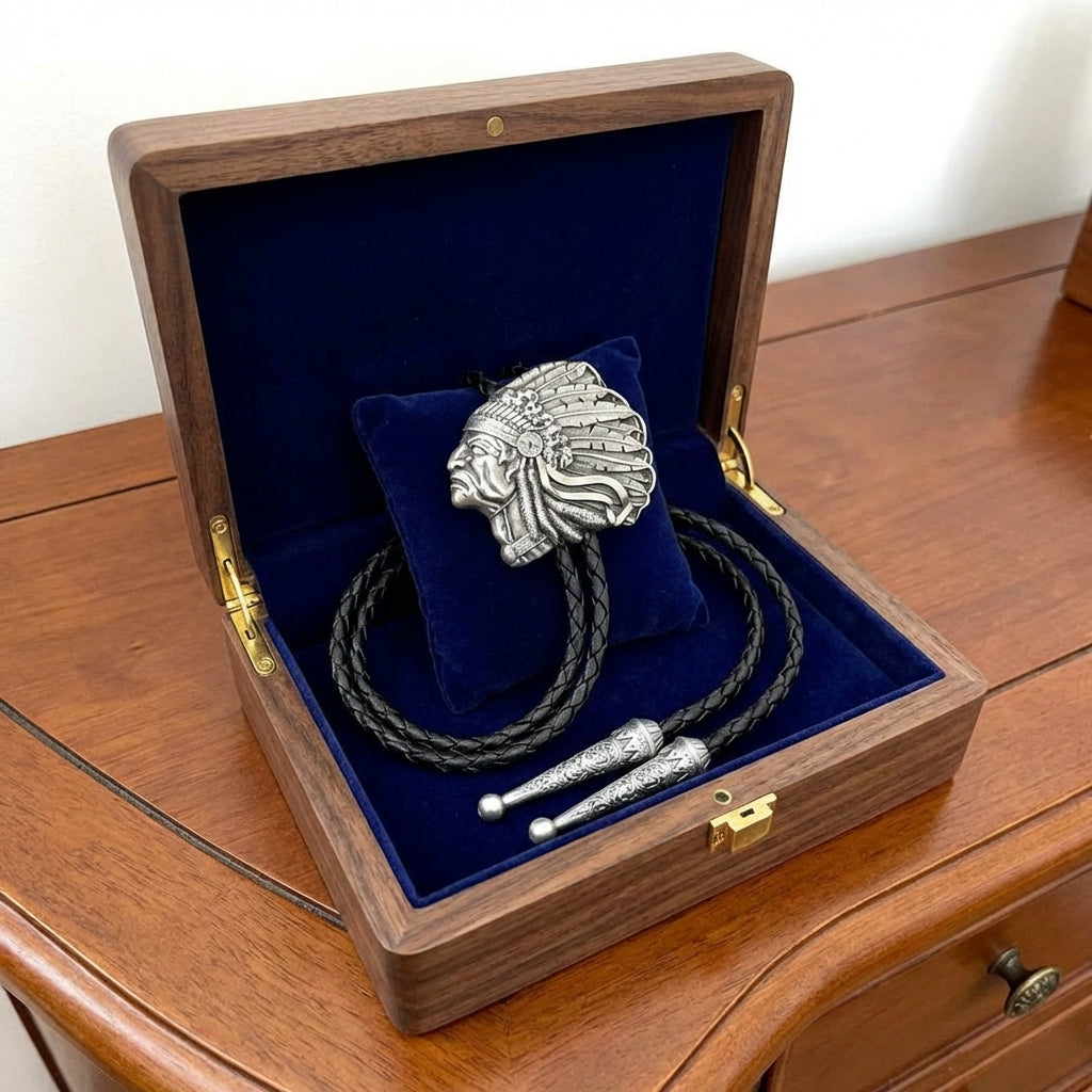 Original Indian men's bolo tie, silver necktie cowboy