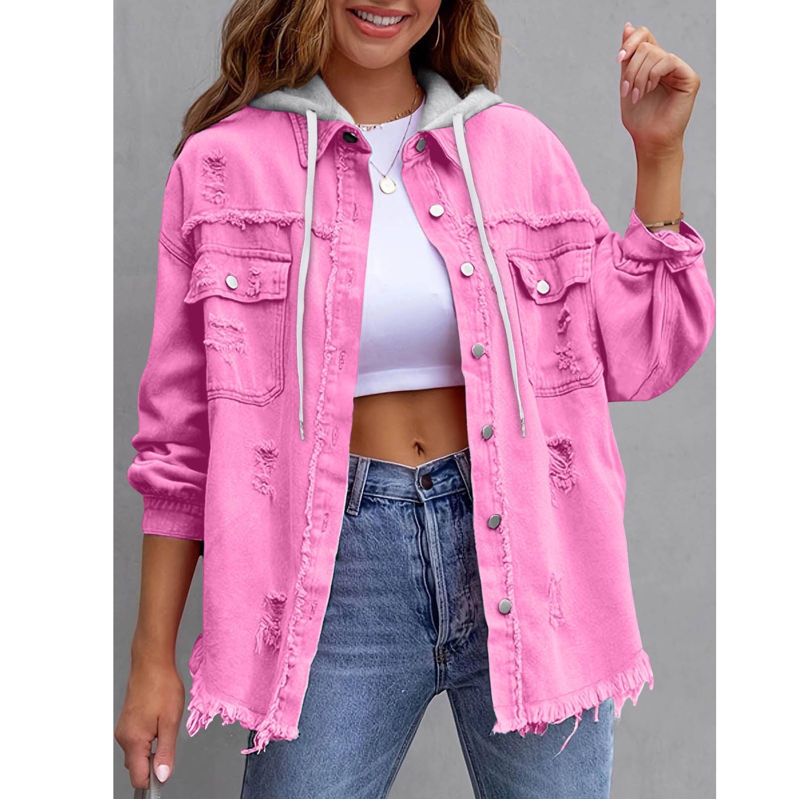Vintage Oversized Ripped Denim Hoodie for Women - Streetwear Button Down Jacket