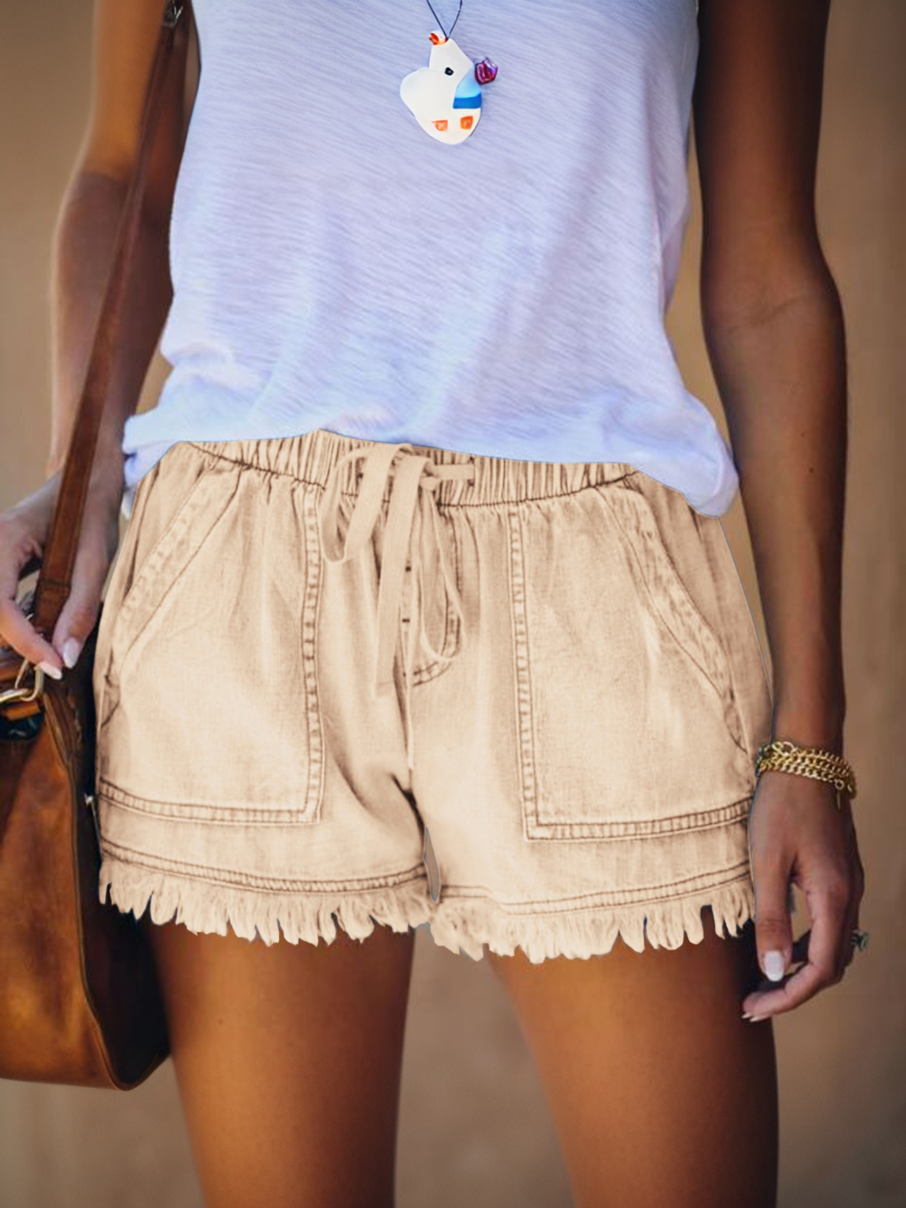 Women's Elastic Waist Denim Shorts with Drawstring | High Waisted Frayed Hem Leopard Print Jean Shorts