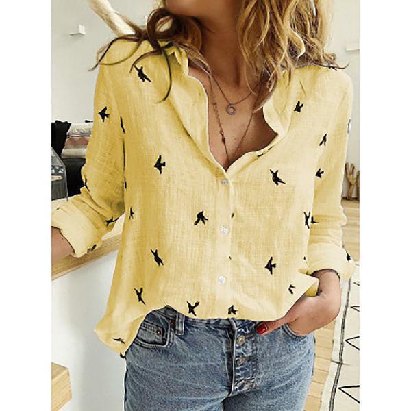 Embroidered-Look Bird Pattern Linen-Cotton Shirt | Casual Long Sleeve Button-Up