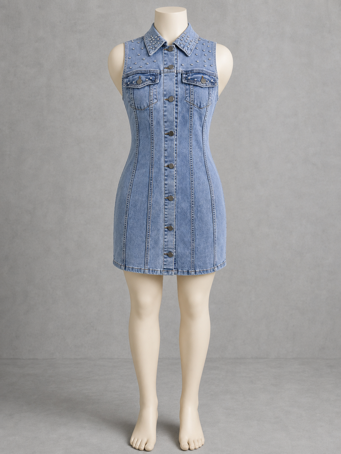 Women's Rhinestone Denim Dress, Stretch Button Front Waist Cinched Jean Dress