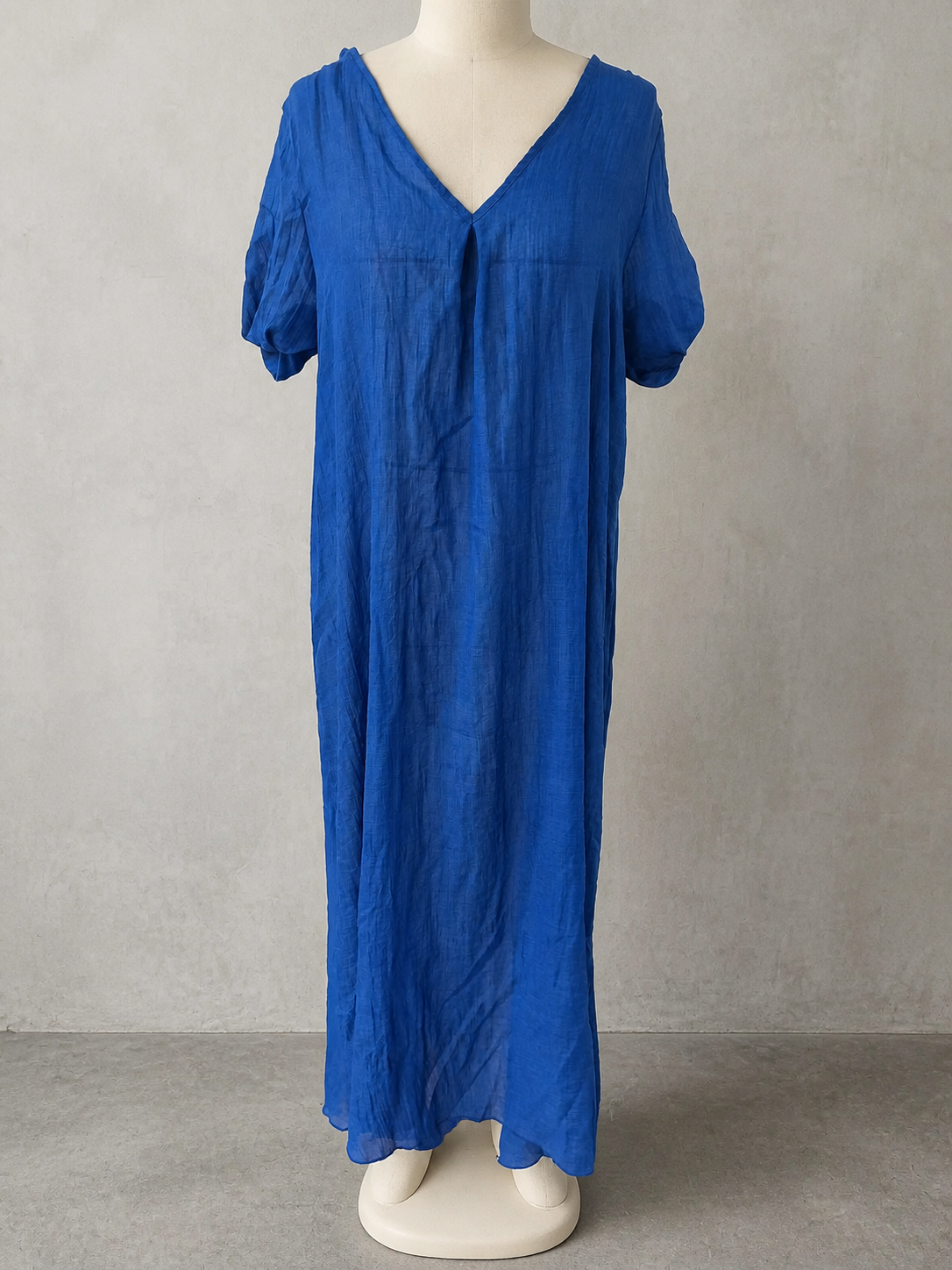 Patchwork Linen-Blend Solid-Color Relaxed-Fit Mid-Rise Short-Sleeve Dress