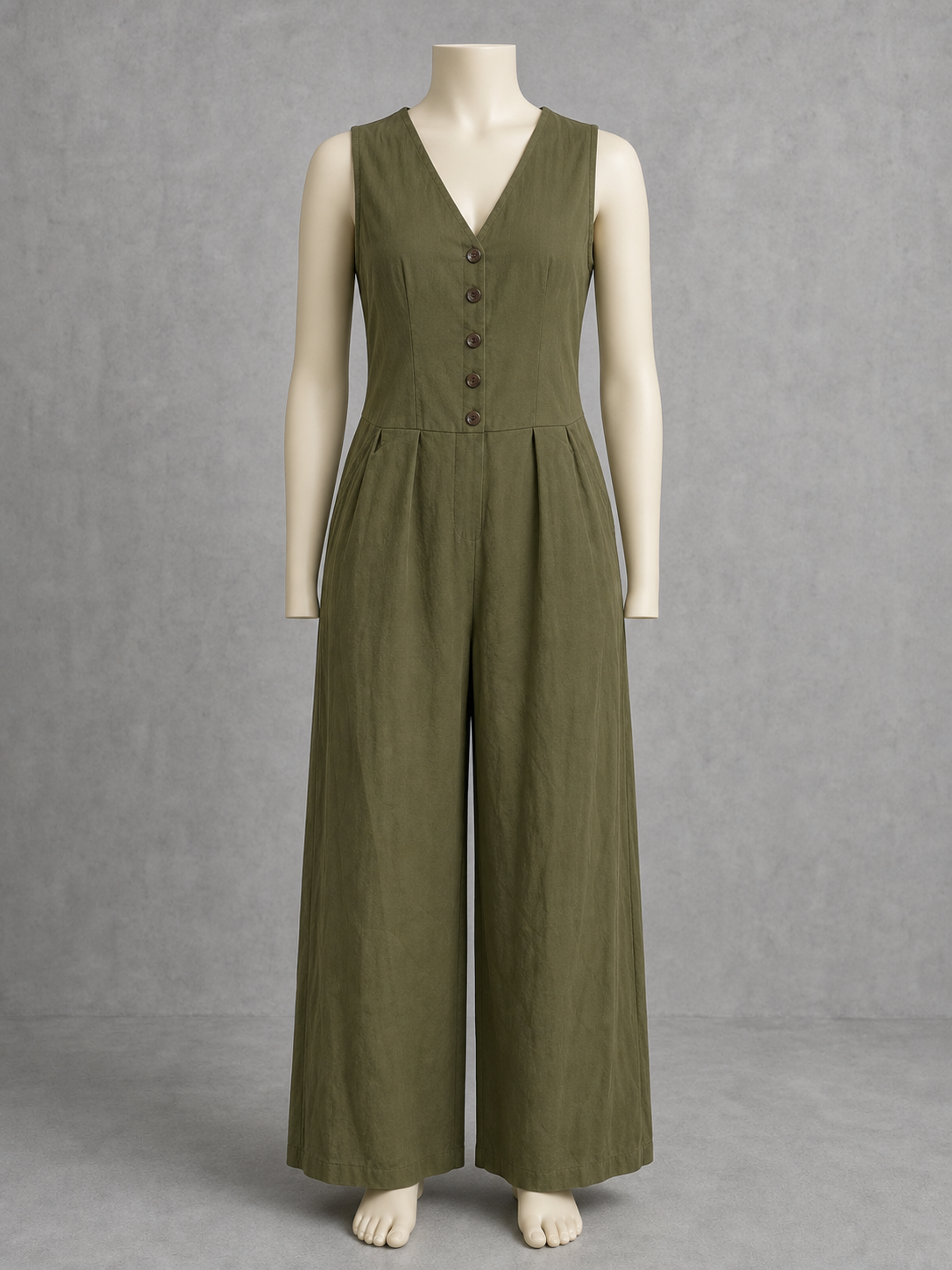 Women's V Neck Sleeveless Jumpsuit, Linen Look Wide Leg One Piece Outfit