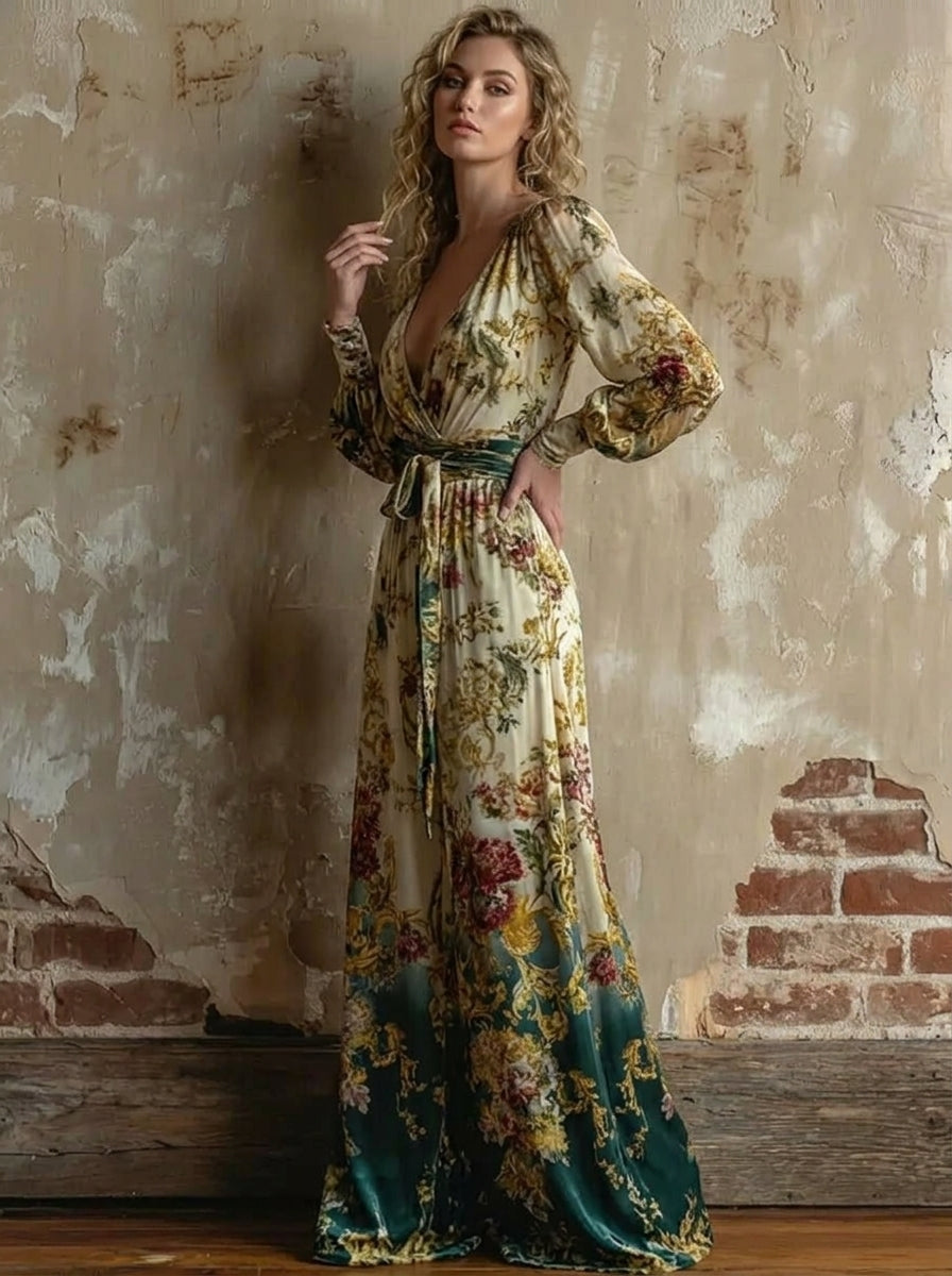 Boho Luxury High-Waist Belted Jumpsuit with Long Lantern Sleeves