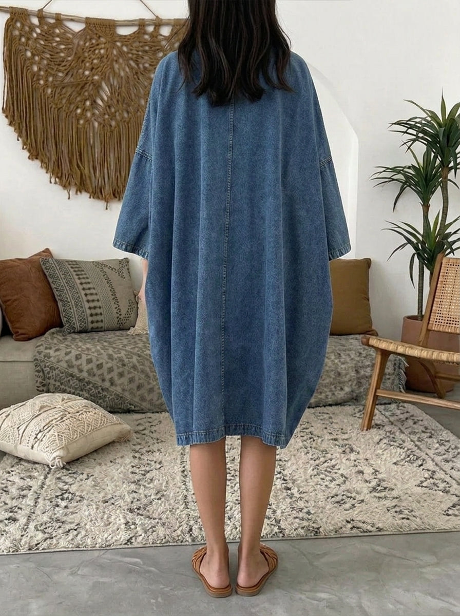 Women's Retro Denim Midi Dress | Casual Loose Fit Asymmetric Frog Button Jean Gown