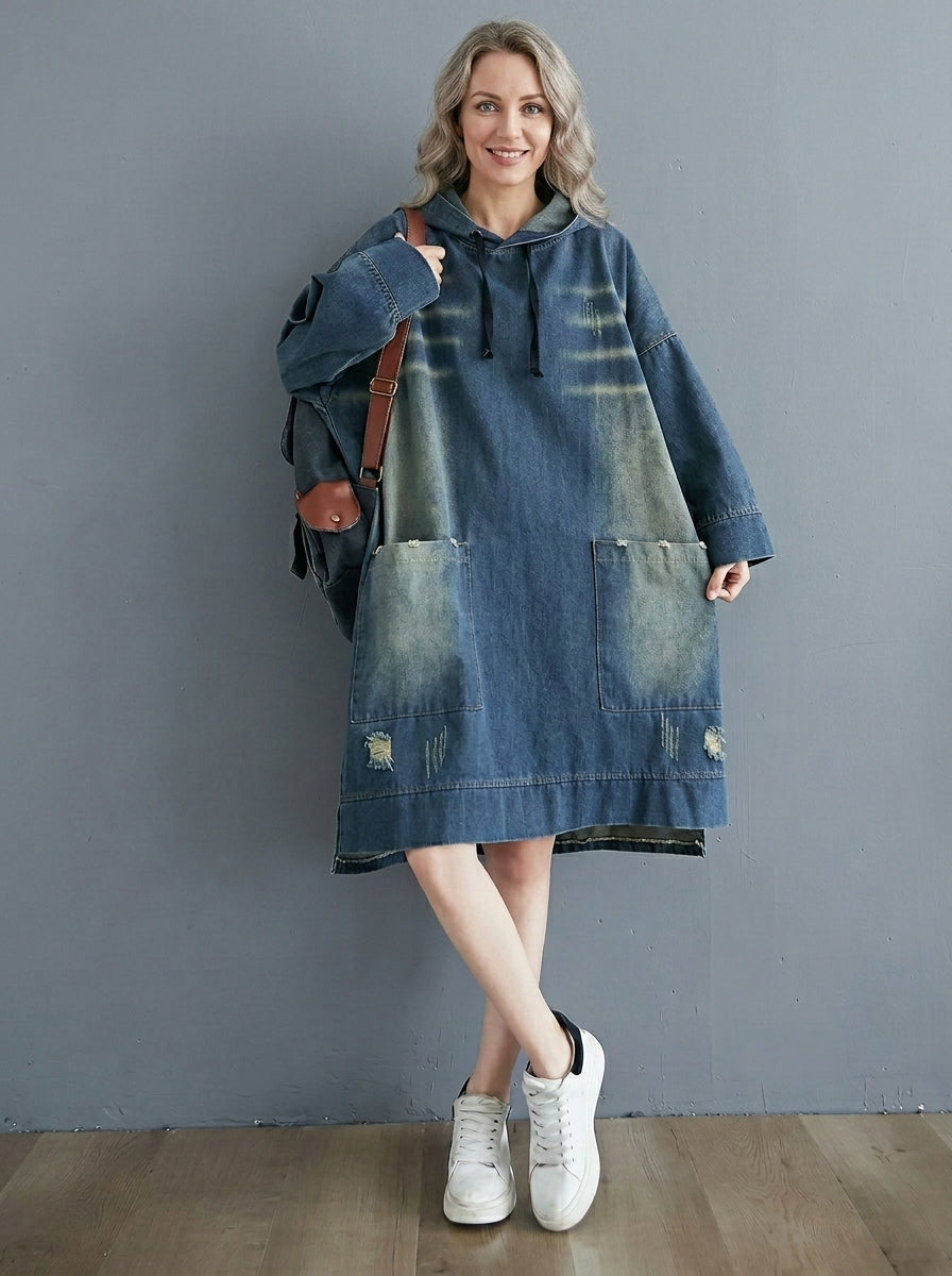 Vintage Washed Denim Hooded Sweatshirt Dress - Loose Fit Pullover Gown with Pockets