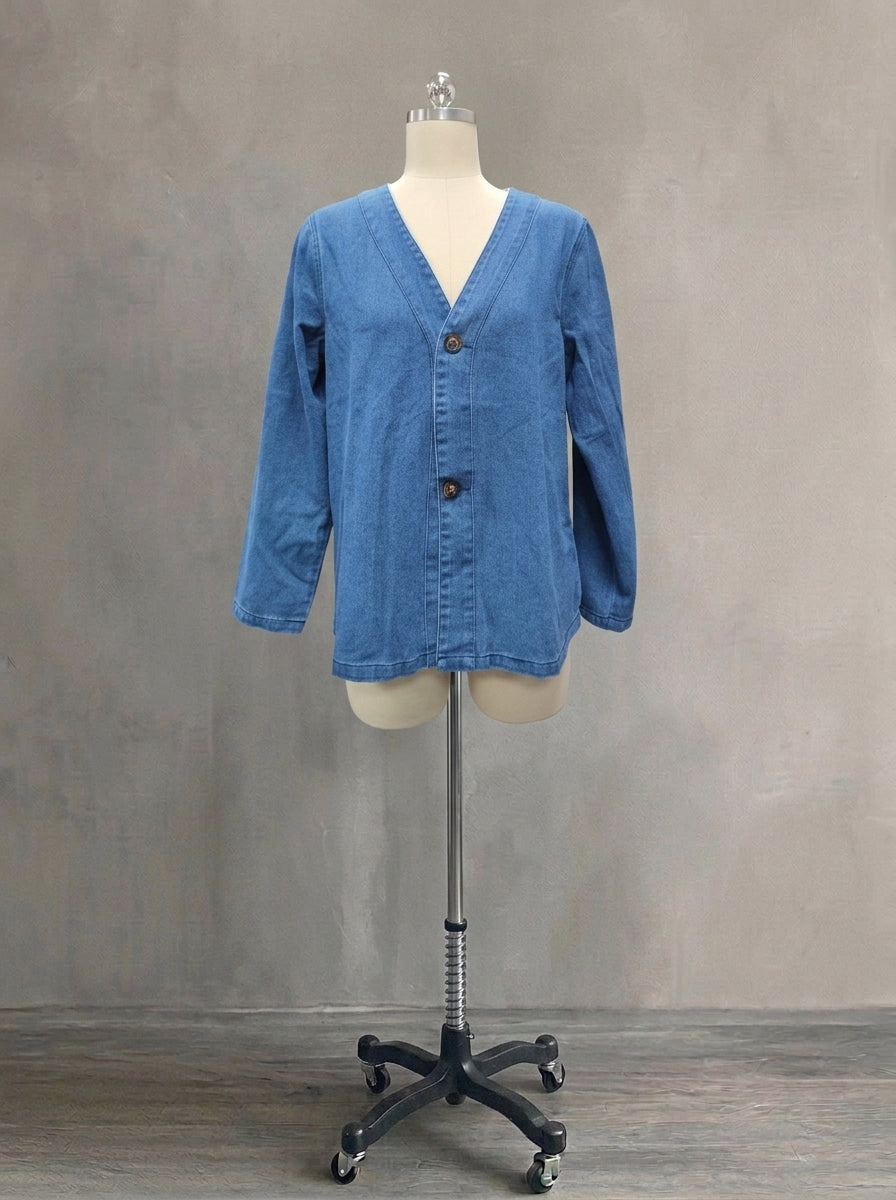 Women's Loose Casual V-Neck Denim Cardigan Jacket | Plus Size Long Sleeve Washed Blue Jean Coat Outwear