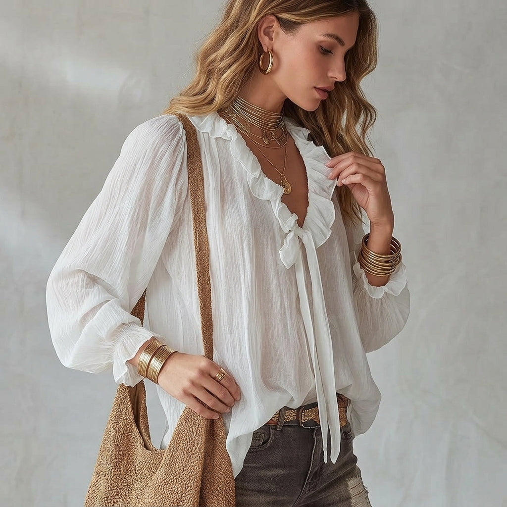 Loose Fit Smocked Peasant Top - Lightweight Long Sleeve Vacation Shirt