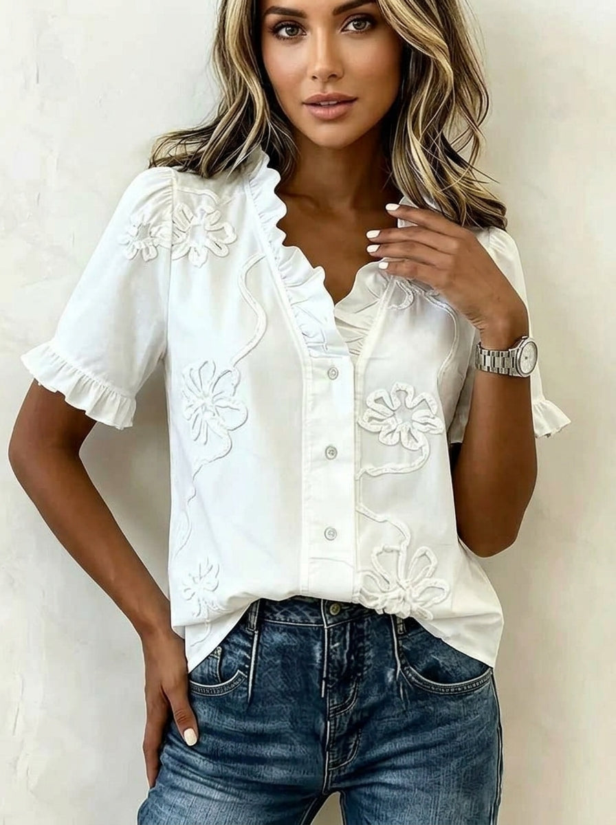 Vintage Embroidered Ruffle Neck Slub Cotton Blouse
