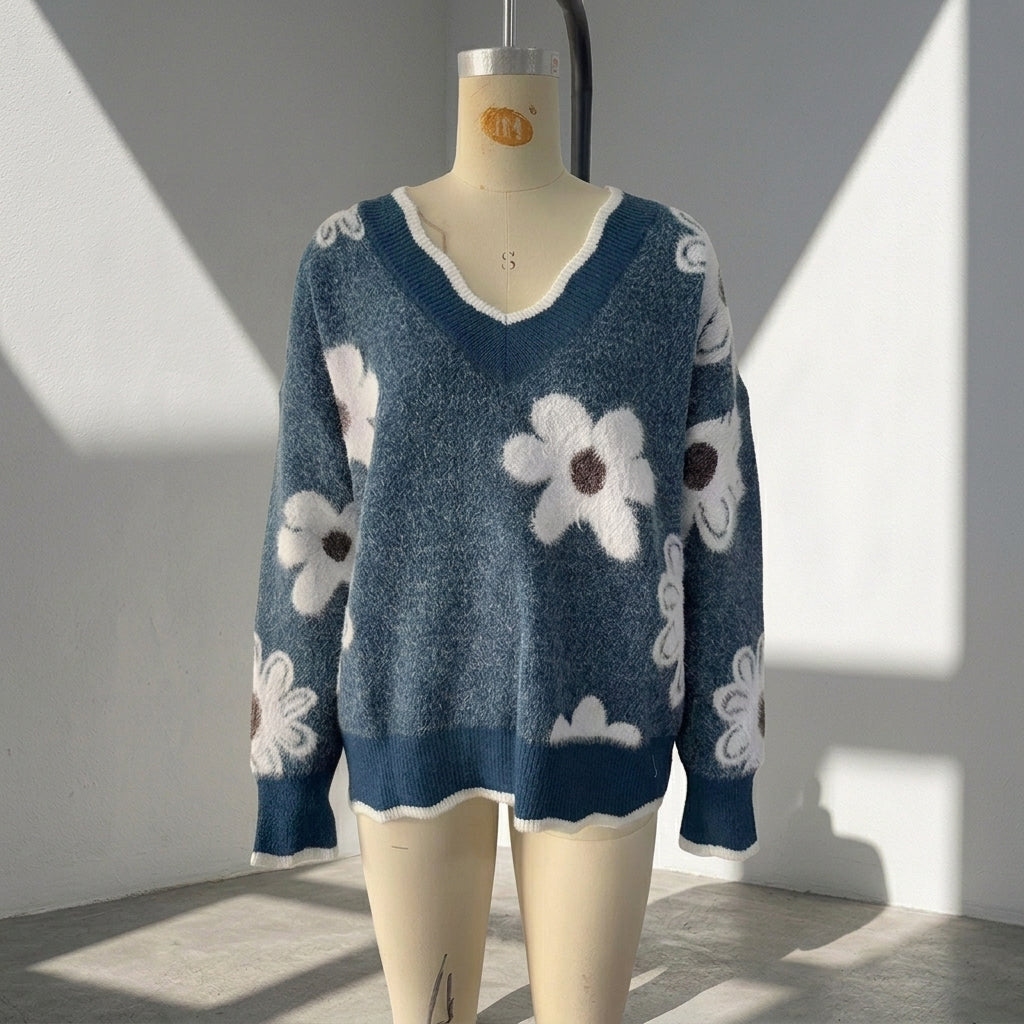 Women's Floral Eyelash Knit Sweater | Casual V-Neck Long Sleeve Fuzzy Pullover Jumper
