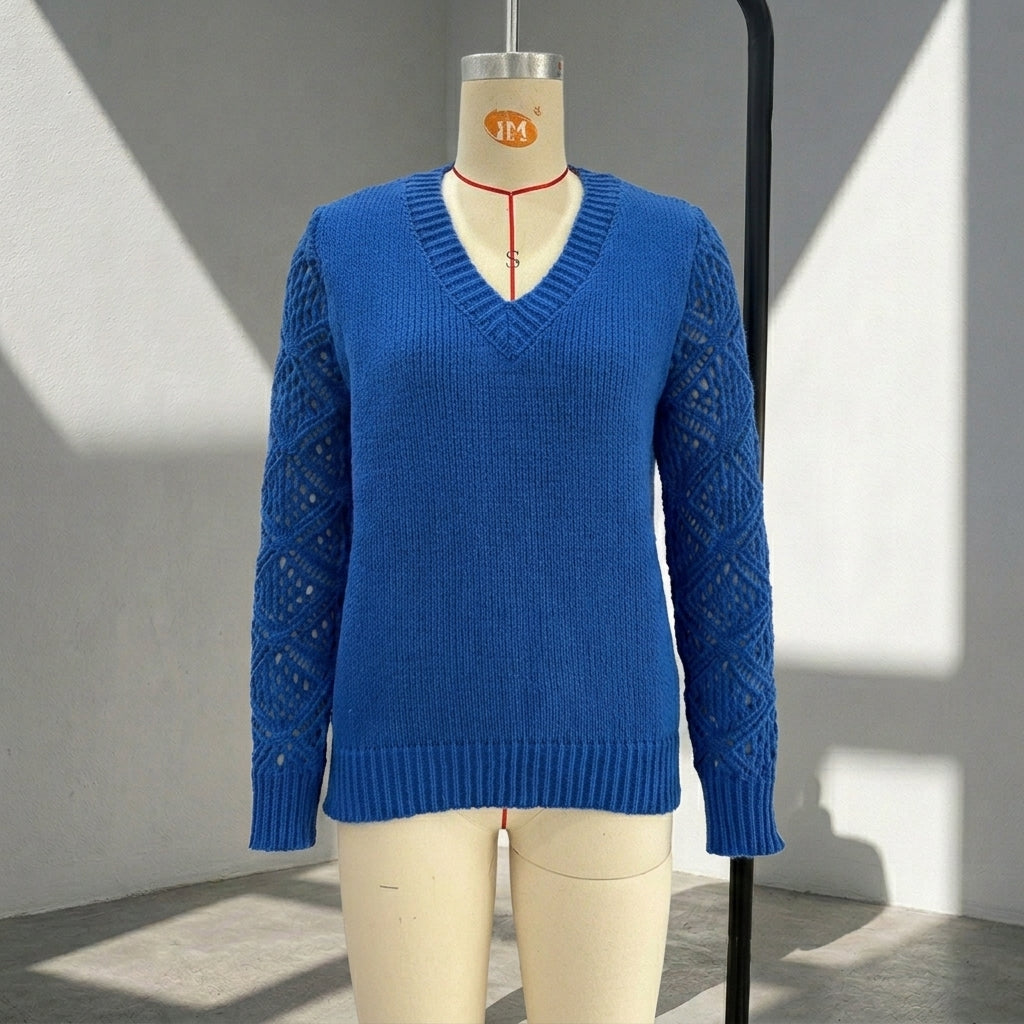 Women's Hollow Out Lace Sleeve Sweater | Casual V-Neck Solid Color Long Sleeve Pullover Top