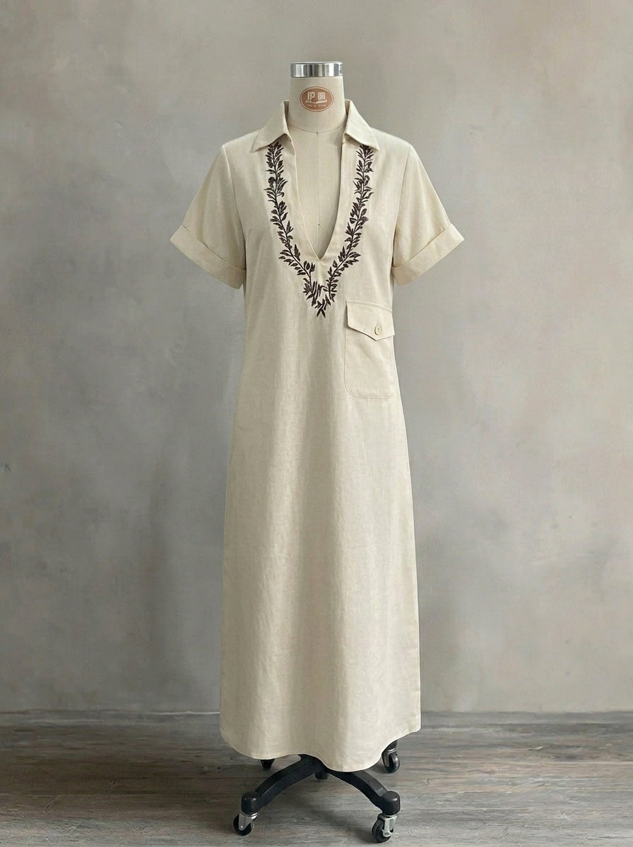 Boho Embroidered-Look Long Dress for Women - Elegant Split Neck Resort Vacation Kaftan