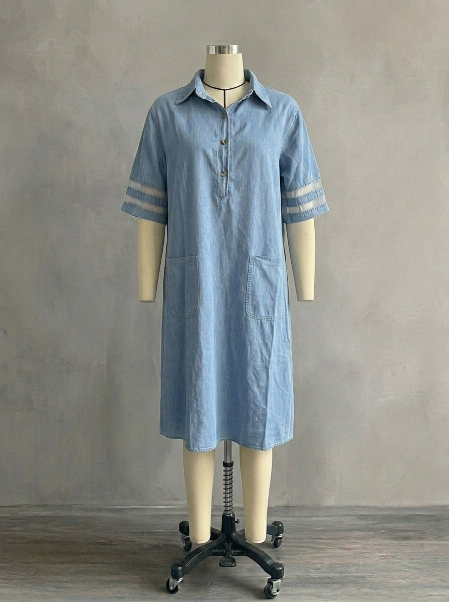 Vintage Washed Denim Tunic Dress for Women - Chic Mesh Patchwork Dress with Pockets