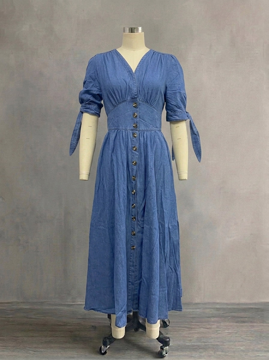 Women's Plunging V-Neck Denim Midi Dress | Casual Puff Sleeve Button Down Long Gown