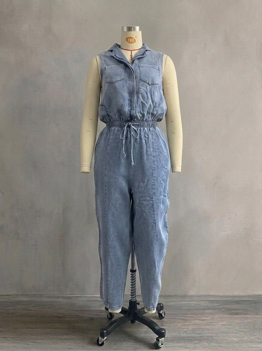 Vintage Washed Denim Jumpsuit for Women - Breezy Sleeveless Utility One-Piece