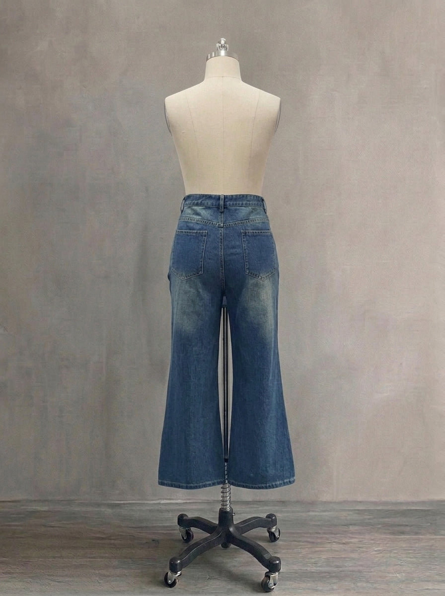Women's High Street High Waisted Straight Leg Denim Jeans | Vintage Washed Full Button Fly Trendy Pants