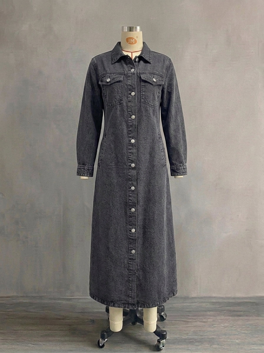 Maxi Denim Trench Coat for Women - Casual Long Sleeve Turn-Down Collar Washed Winter Duster Jacket
