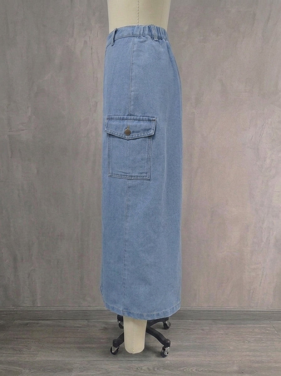 Women's Side Button Washed Denim Midi Skirt | High Waisted Cargo Jean Skirt with Slit