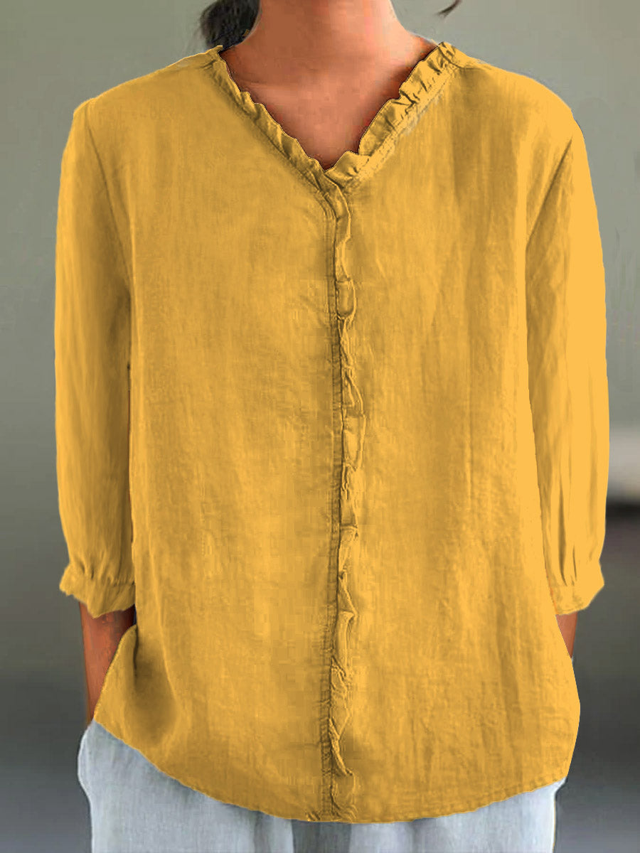 Women's Casual Cotton And Linen Ruffle Collar 3/4 Sleeve Shirt