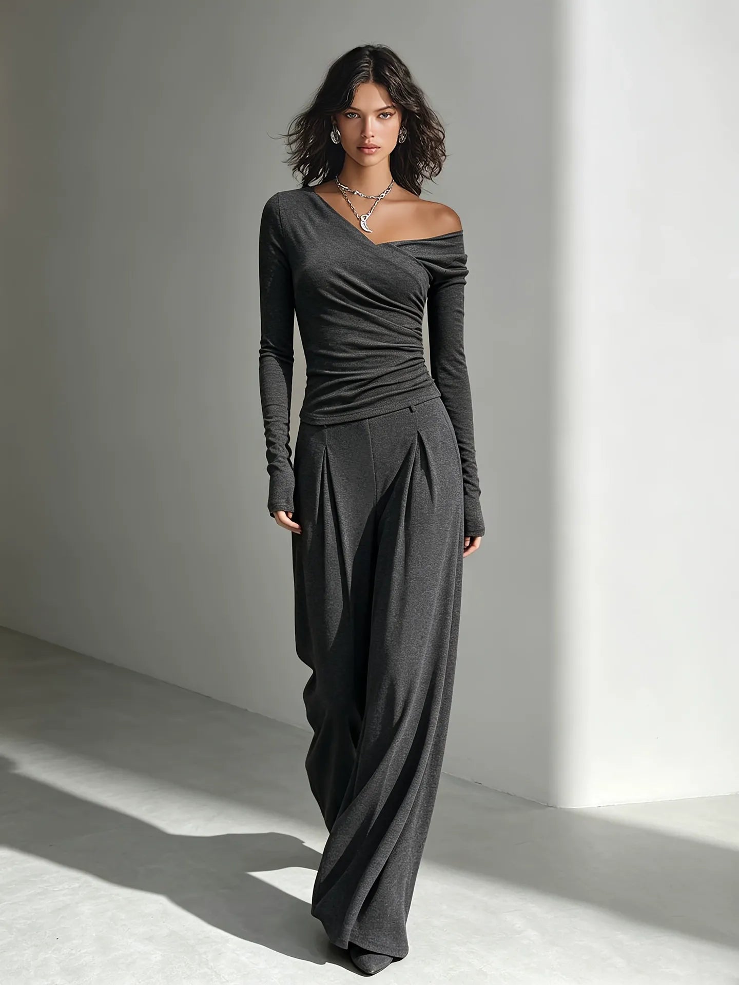 Avant-Garde Asymmetric Knit Set | Ruched Off-Shoulder Top & Pleated Wide-Leg Pants sets