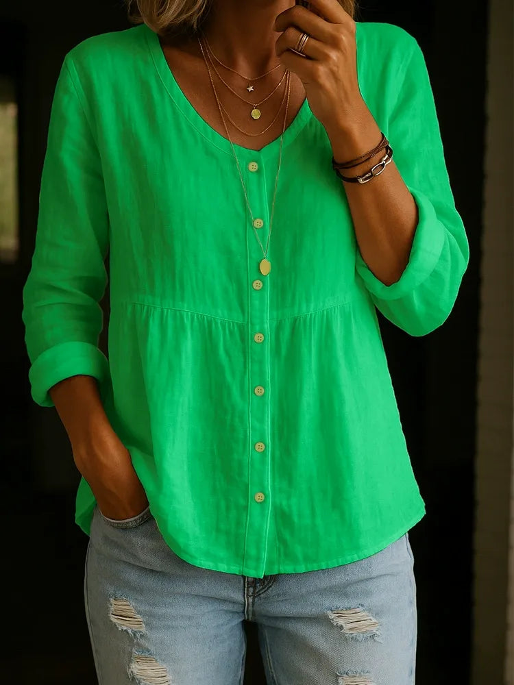 Relaxed Fit Button-Down Peplum Tunic | White Summer Linen-Blend Blouse