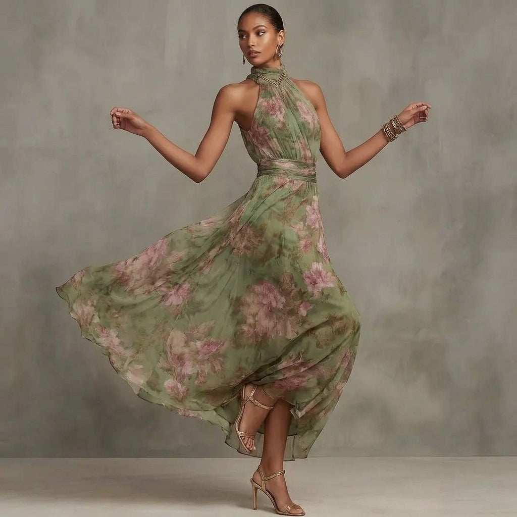 Pleated Halter Neck Summer Dress - Lightweight Sheer Layering Sundress