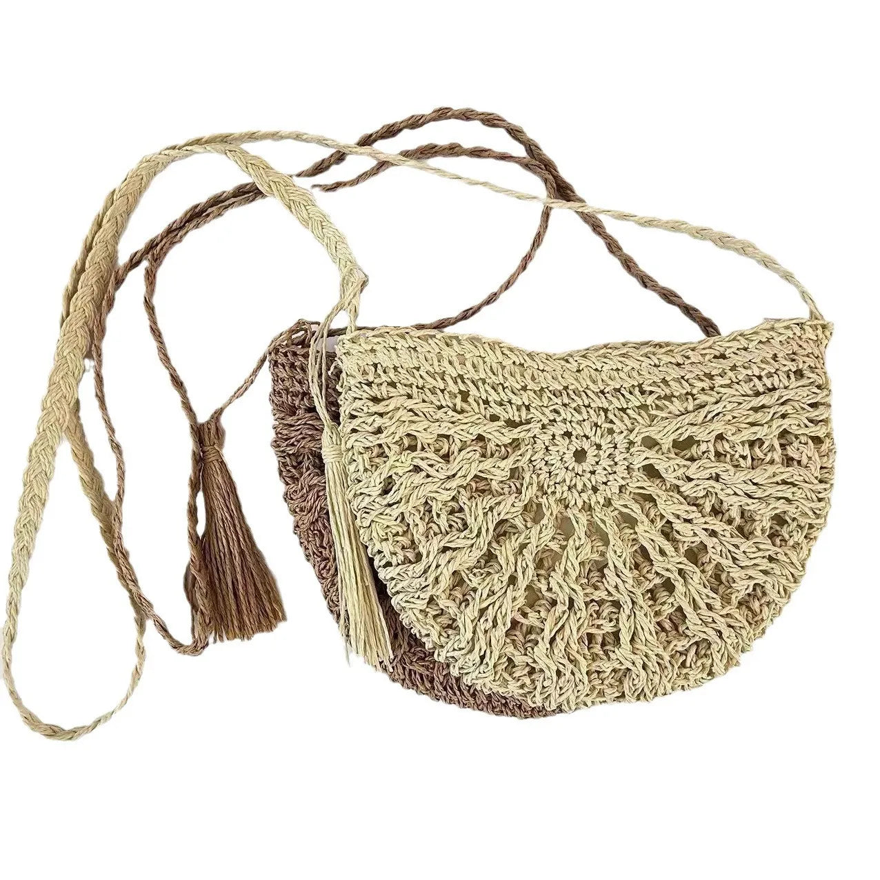 Bohemian Crochet Half-Moon Crossbody Bag - Vintage Woven Mesh Straw & Yarn Beach Purse with Tassels