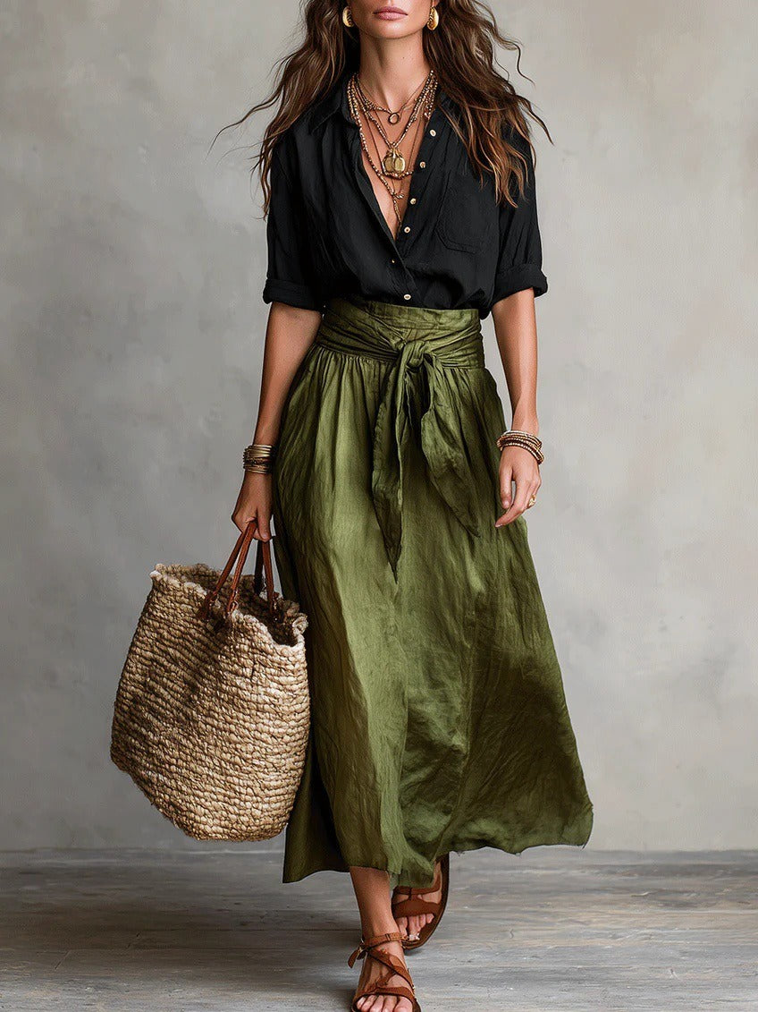 Elegant Colorblock 2-Piece Resort Set - Button-Down Shirt & High-Waist Tie-Wrap Maxi Skirt Set