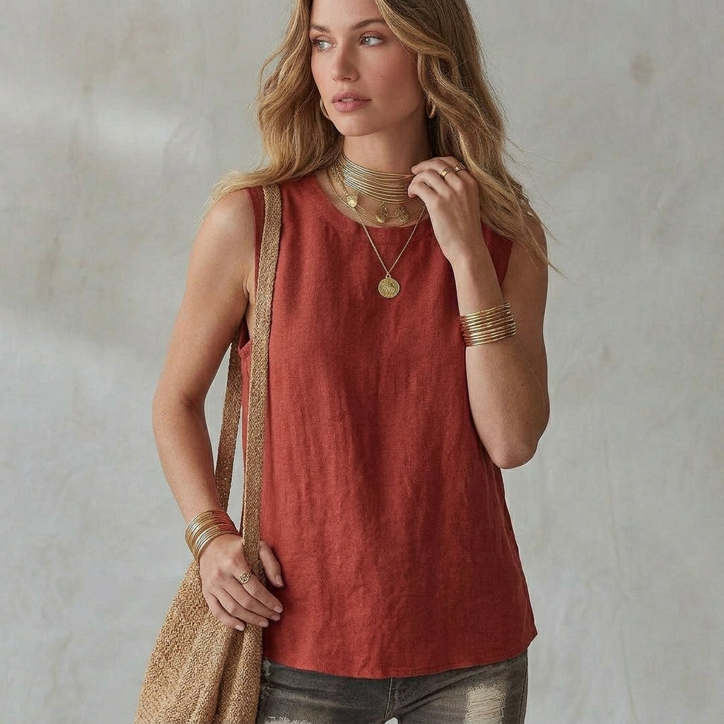 Breezy Summer Linen Sleeveless Top - Flowy A-Line Holiday Tank