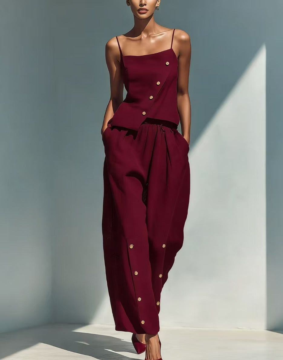 Chic Asymmetric Camisole & Button-Detailed Wide Leg Pants 2-Piece Linen Blend Lounge Set