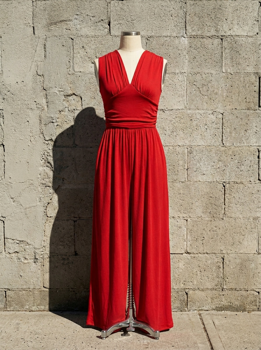 Chic Plunging V-Neck Sleeveless Jumpsuit - Elegant Ruched Waist Ribbed Knit Wide-Leg Romper for Women