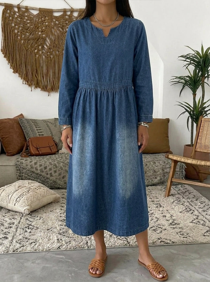 Vintage Oversized Denim Dress for Women - Cozy A-Line Long Sleeve Midi Dress