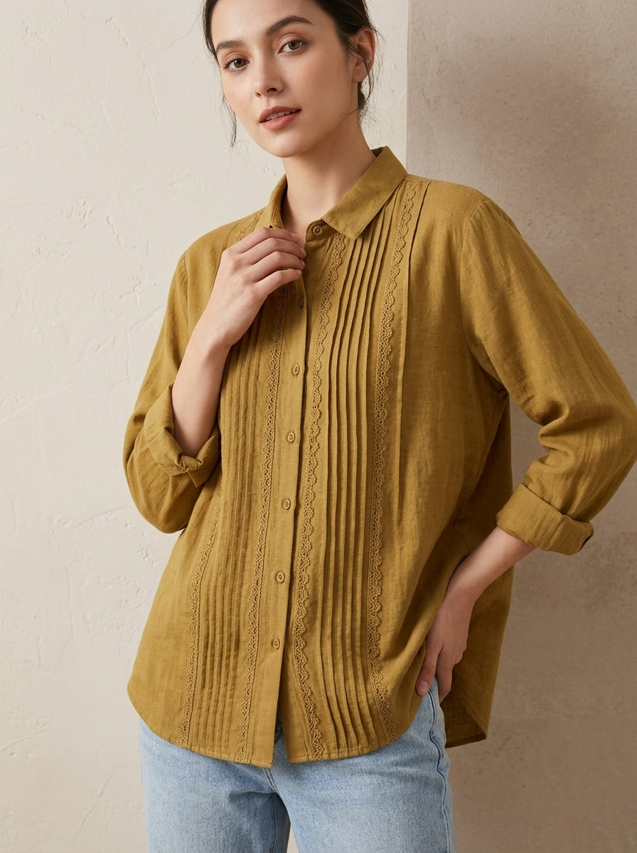 Vintage Pleated Lace Trim Cotton Linen Long Sleeve Blouse