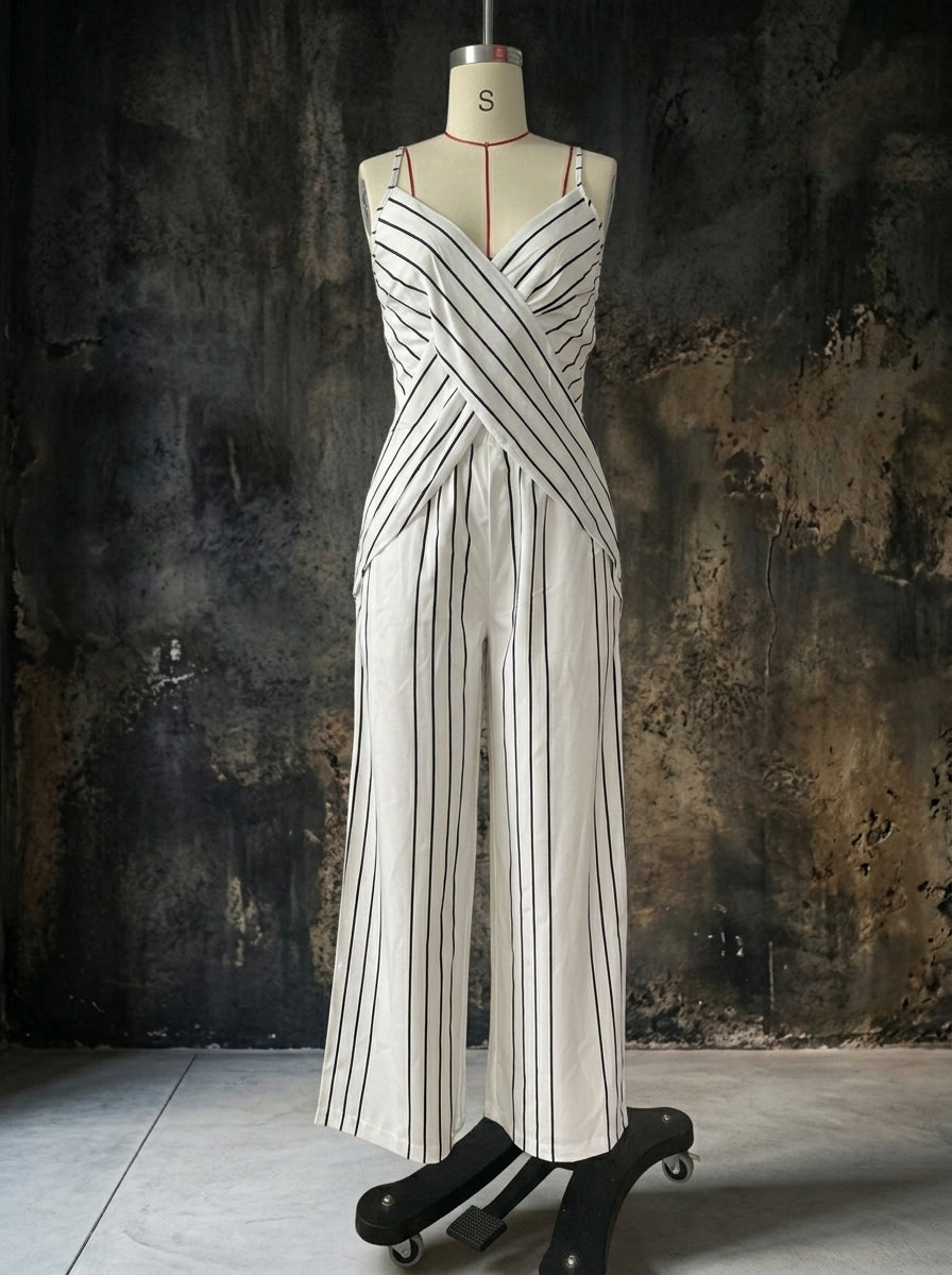Vintage Striped 2-Piece Resort Set - V-Neck Crossover Camisole & High-Waist Wide Leg Pants Set