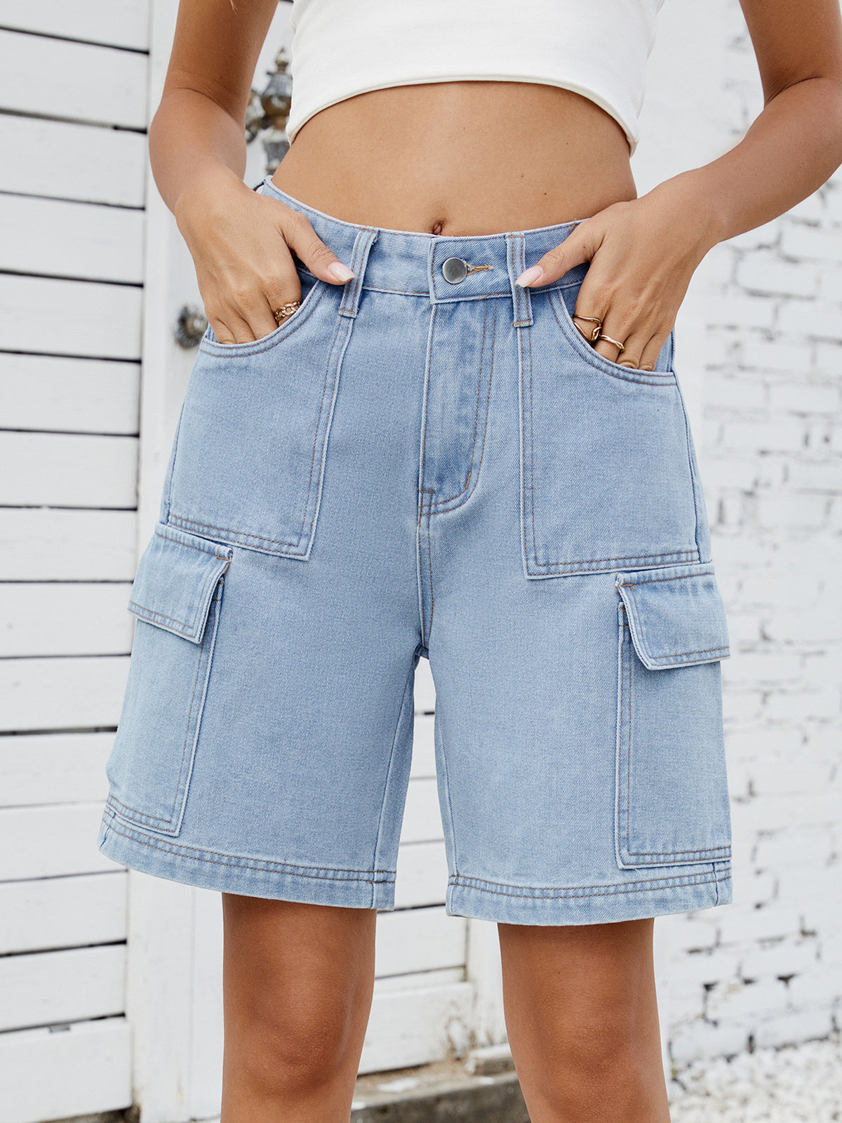 Women’s Washed Cargo Denim Bermuda Shorts Mid Waist Utility Pocket Streetwear Jean Shorts
