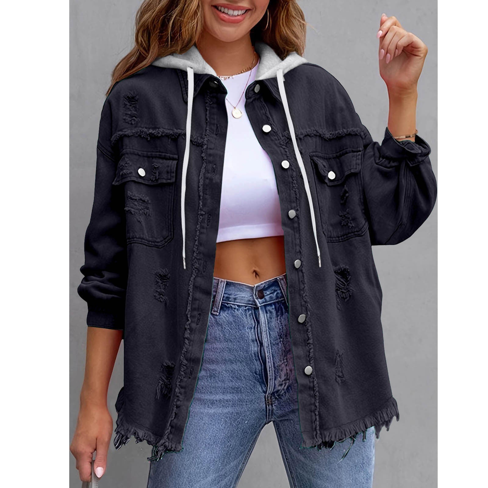 Vintage Oversized Ripped Denim Hoodie for Women - Streetwear Button Down Jacket