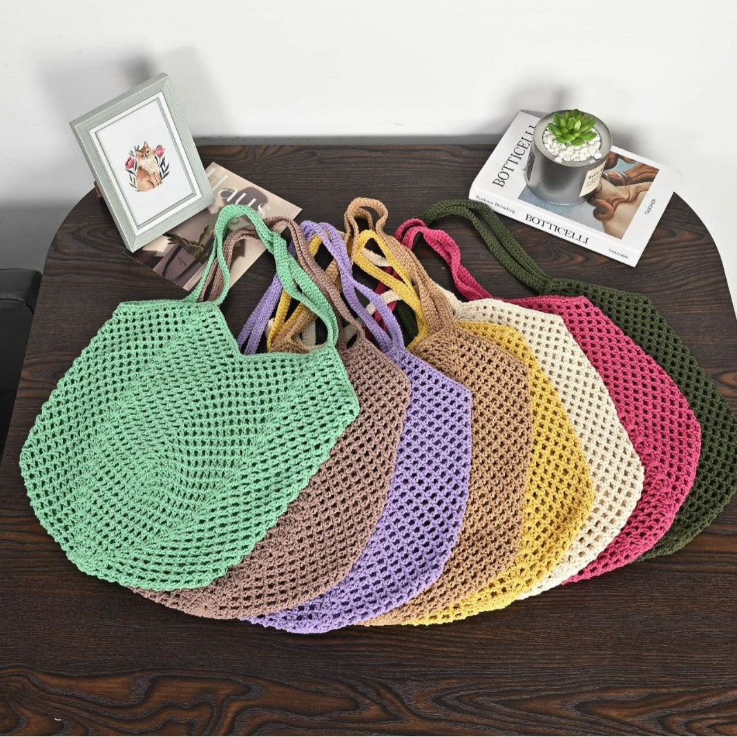 Bohemian Crochet Hollow-Out Straw Beach Tote Bag - Vintage Woven Mesh Shoulder Purse with Inner Pouch