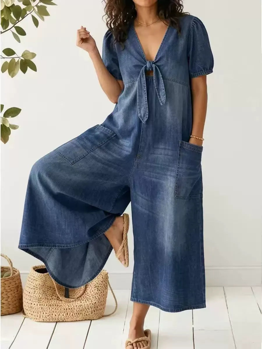 Women's Short Sleeve Denim Jumpsuit | Casual Deep V-Neck Tie Front Wide Leg Romper