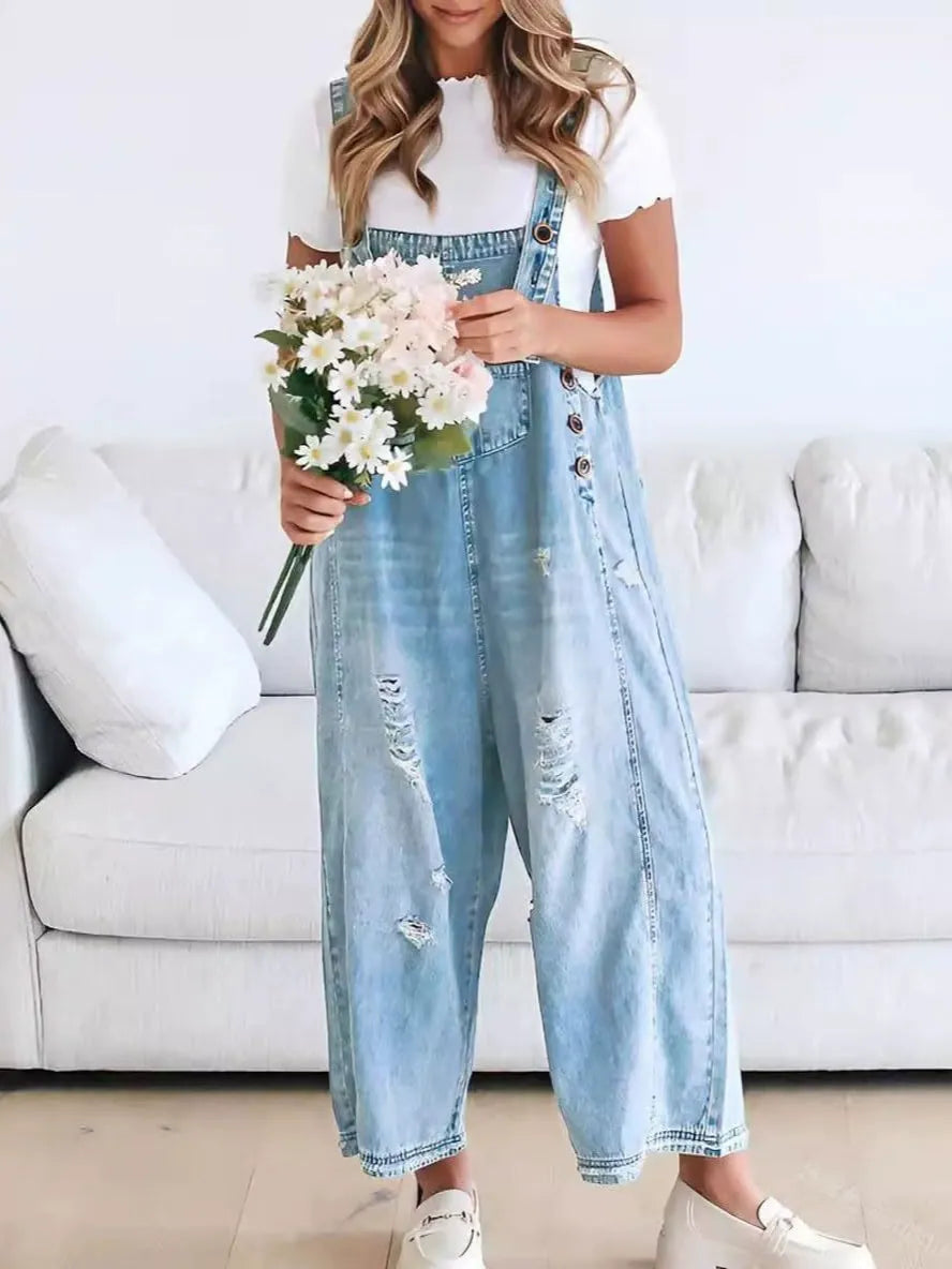 Vintage Washed Denim Bib Overalls for Women - Flattering Relaxed Fit Harem One-Piece