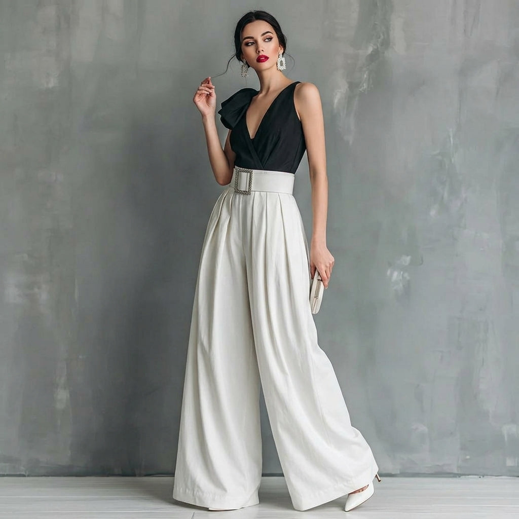 Women's High Waisted Wide Leg Pants - Elegant Pleated Flowy Palazzo Trousers