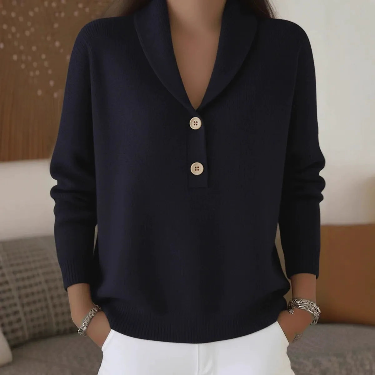 Chic Ribbed Neckline Pullover Sweater for Women - Retro Slouchy Loose Fit Jumper
