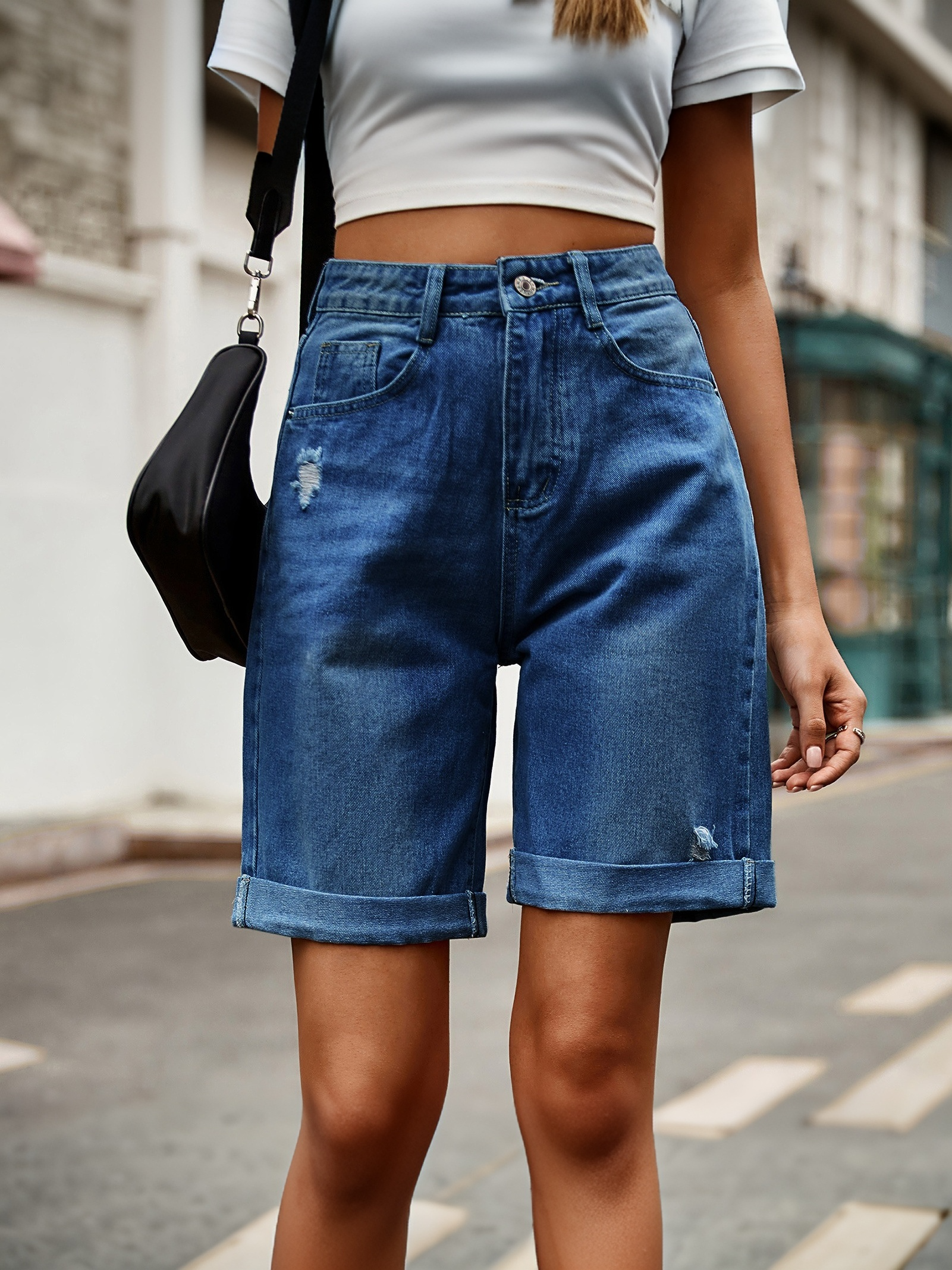 Women's Distressed Bermuda Denim Shorts | Mid-Thigh Loose Fit Washed Blue Jean Shorts with Rolled Cuffs
