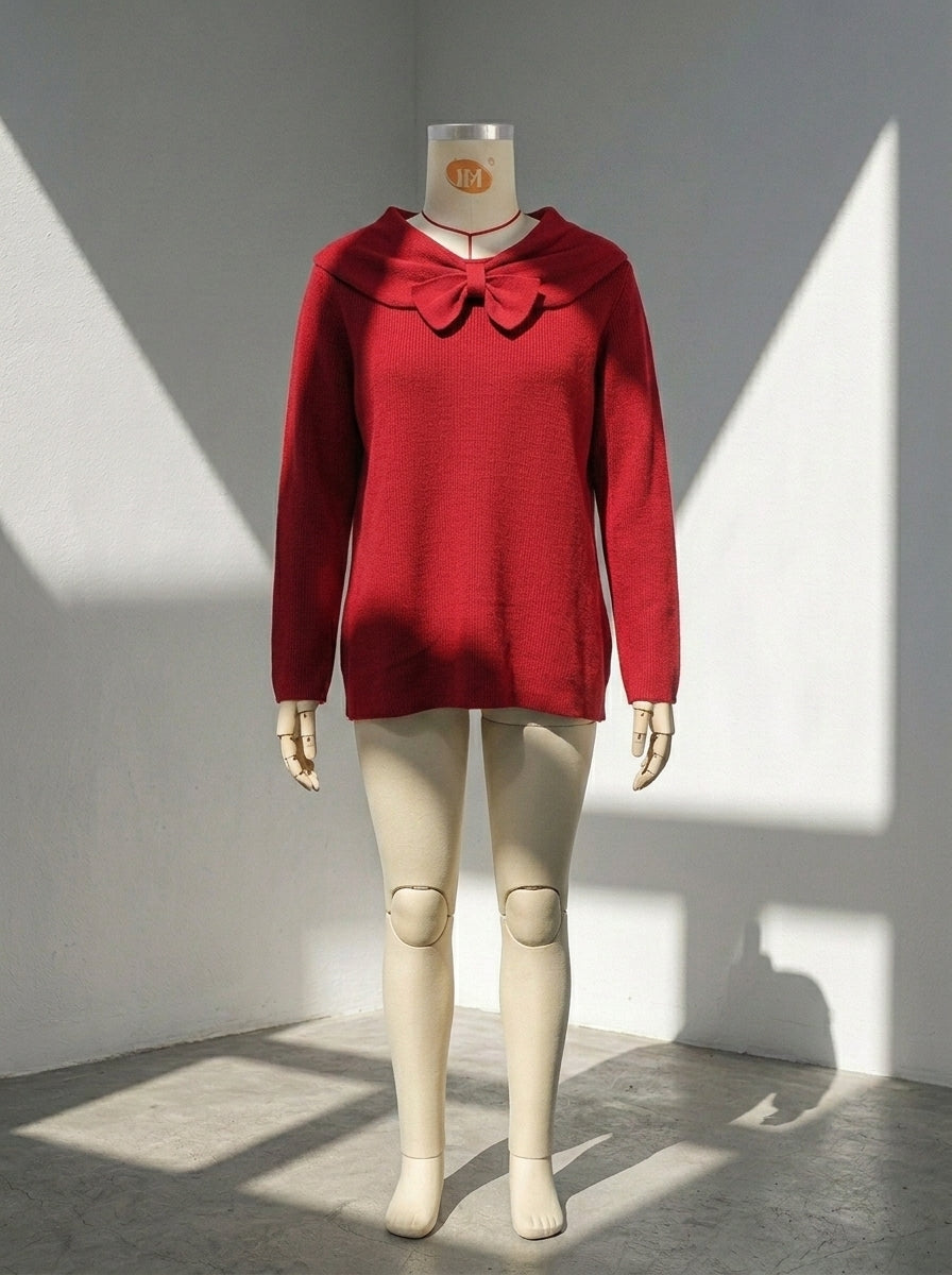 Women's Large Bow Off-the-Shoulder Knit Sweater | Casual Long Sleeve Ribbed Jumper Top
