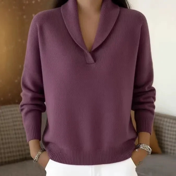 Women's Shawl Collar V-Neck Knit Sweater | Casual Solid Color Long Sleeve Pullover Top