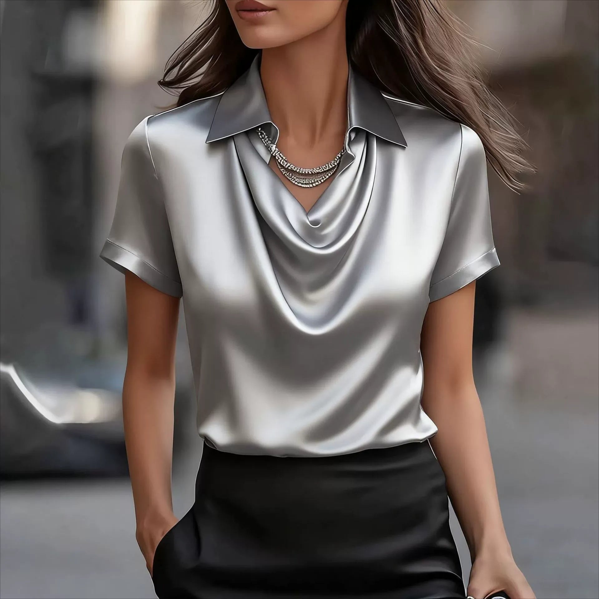 Elegant Short Sleeve Silk-Touch Shirt | Fluid Polo Collar Satin Top for Women