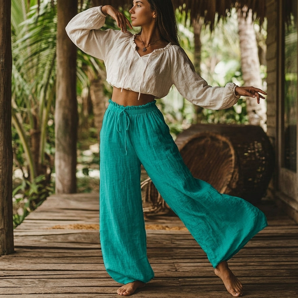 Women's Casual Wide Leg Linen Pants - High Waist Smocked Drawstring Trousers