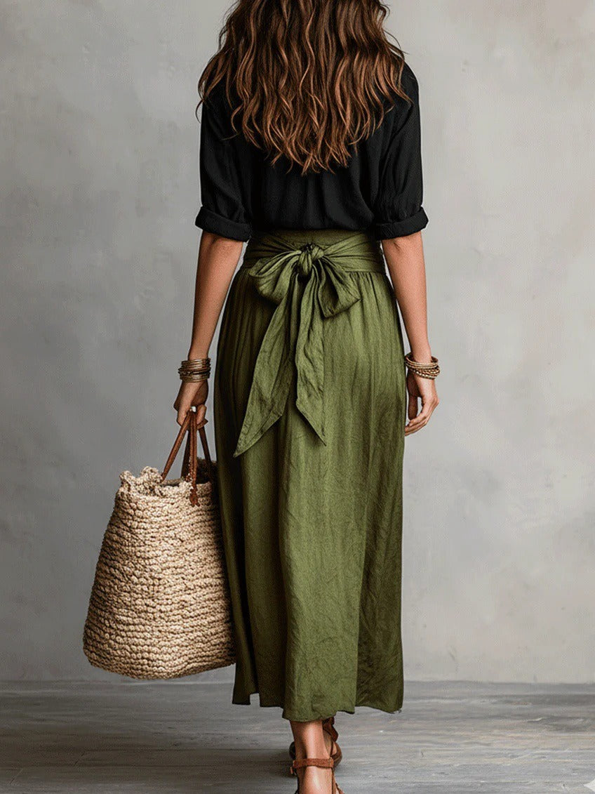 Elegant Colorblock 2-Piece Resort Set - Button-Down Shirt & High-Waist Tie-Wrap Maxi Skirt Set