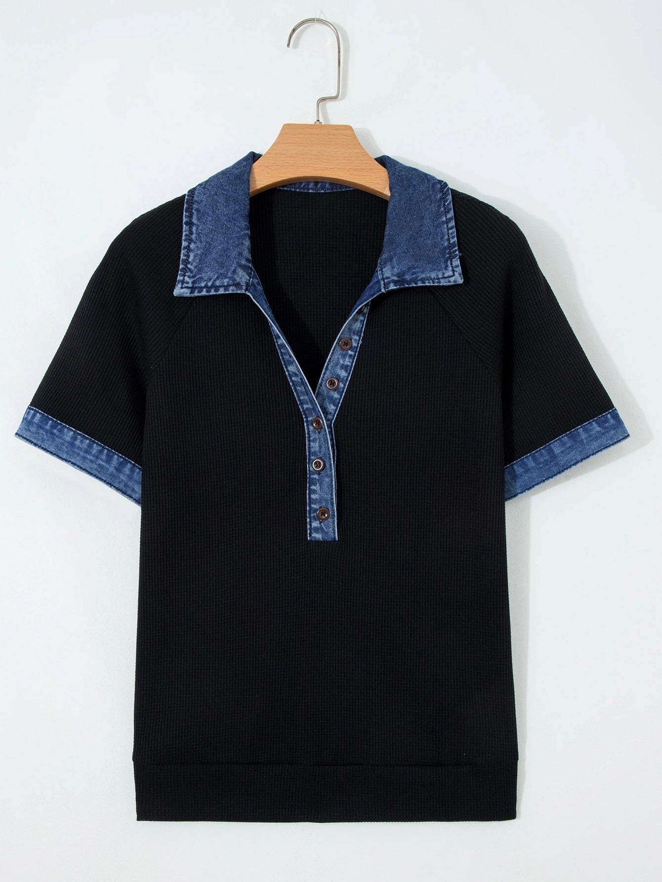 Women's Denim Patchwork Knit Top | Casual Polo Collar Short Sleeve Layered T-Shirt
