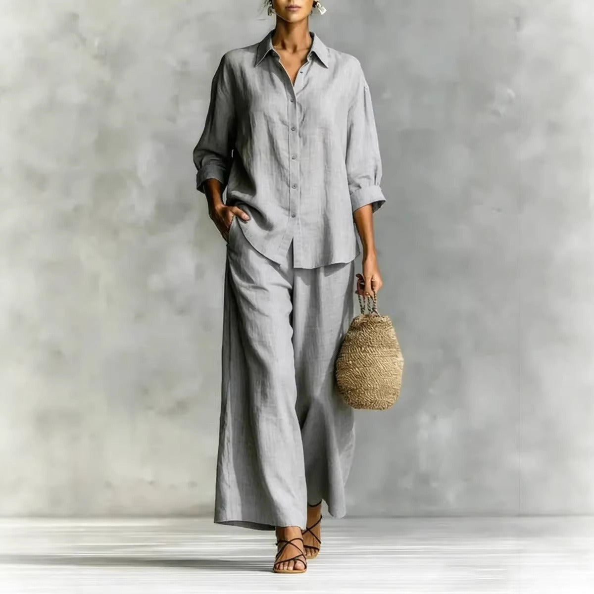 Women's Linen-Look 2-Piece Lounge Set | Casual Long Sleeve Button Shirt & Wide Leg Pants Suit