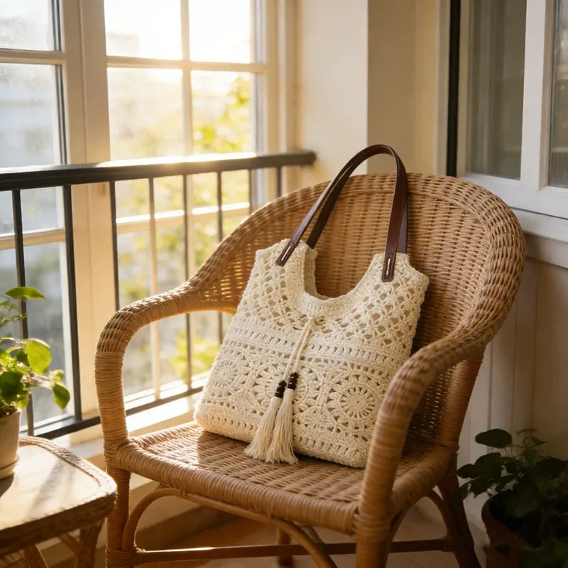 Bohemian Crochet Hollow-Out Straw Tote Bag - Handmade Mesh Shoulder Purse with Wooden Bead Tassels